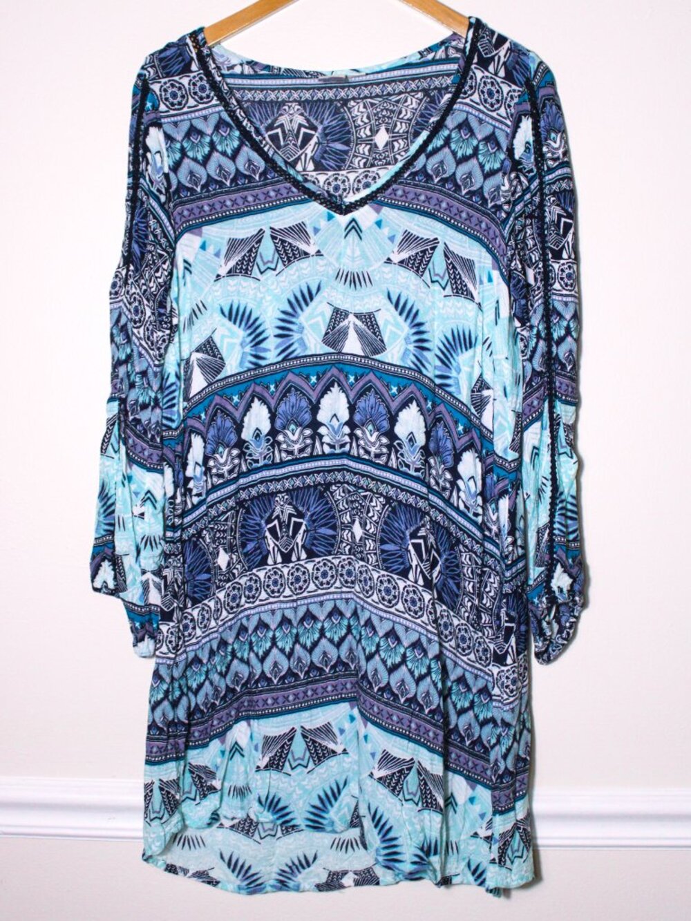 Roxy Blue Geometric Tribal Print Boho Dress V-Neck Long Sleeve Coastal Blue S
